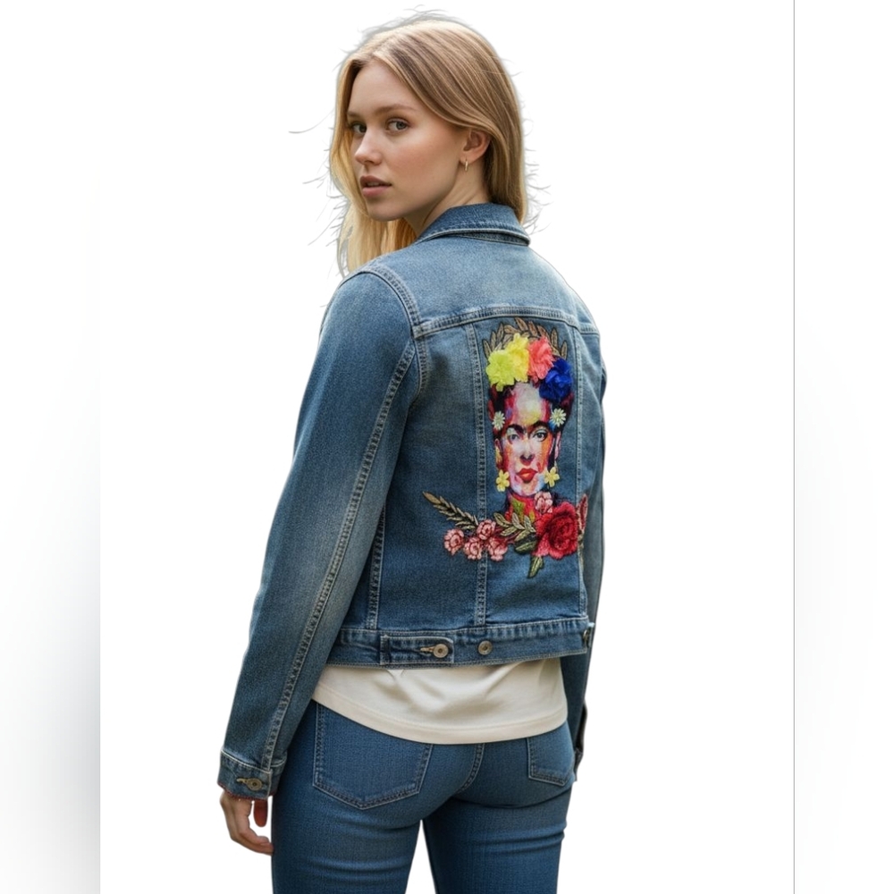 Levi's Denizen Jean Jacket Upcycled W/3D Custom Frida Kahlo Floral Back Design - Picture 11 of 12